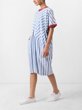 Nicobar Blue White Striped Kaftan Dress Red Trim Oversized Batwing Boho Size L